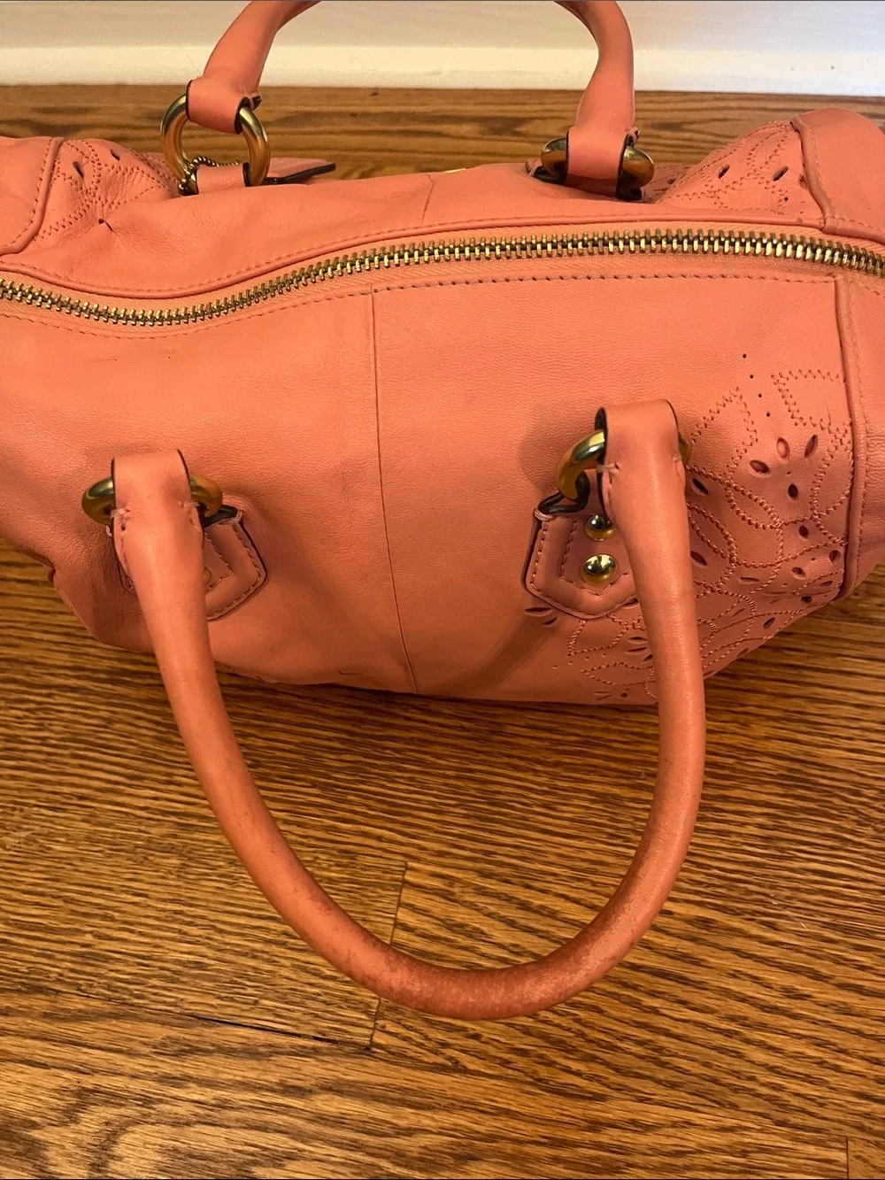 Coach Coral Pink Leather Satchel with Laser-Cut Floral Design F22488